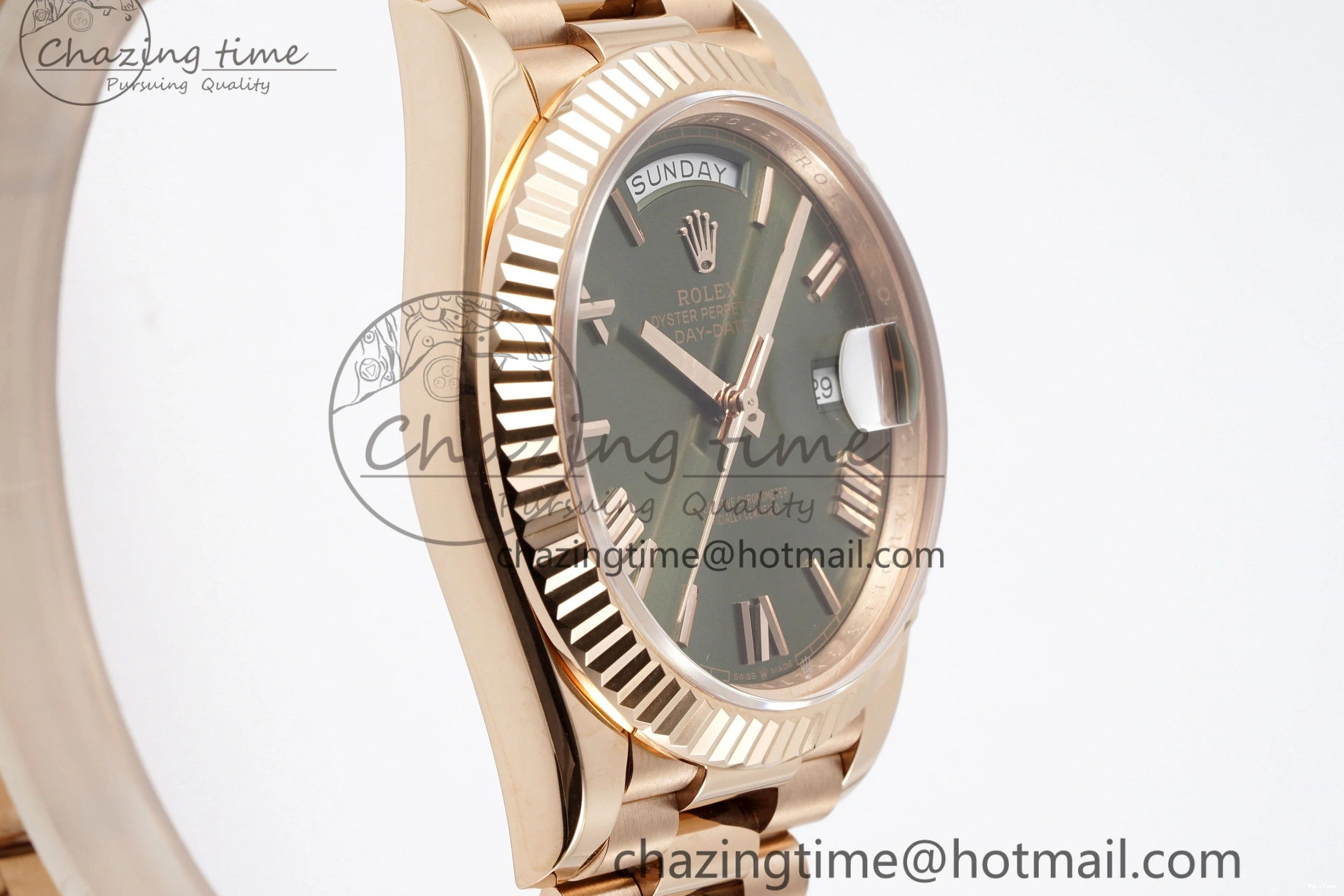 MiroTime 0516 DayDate 40 RG JDF Gain Weight 904L Steel Green Dial Roman Markers on President Bracelet A2836 V Trendsetting 1816